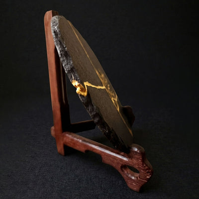 Handcrafted Natural Black Slate Kintsugi Dish with Wooden Display Stand
