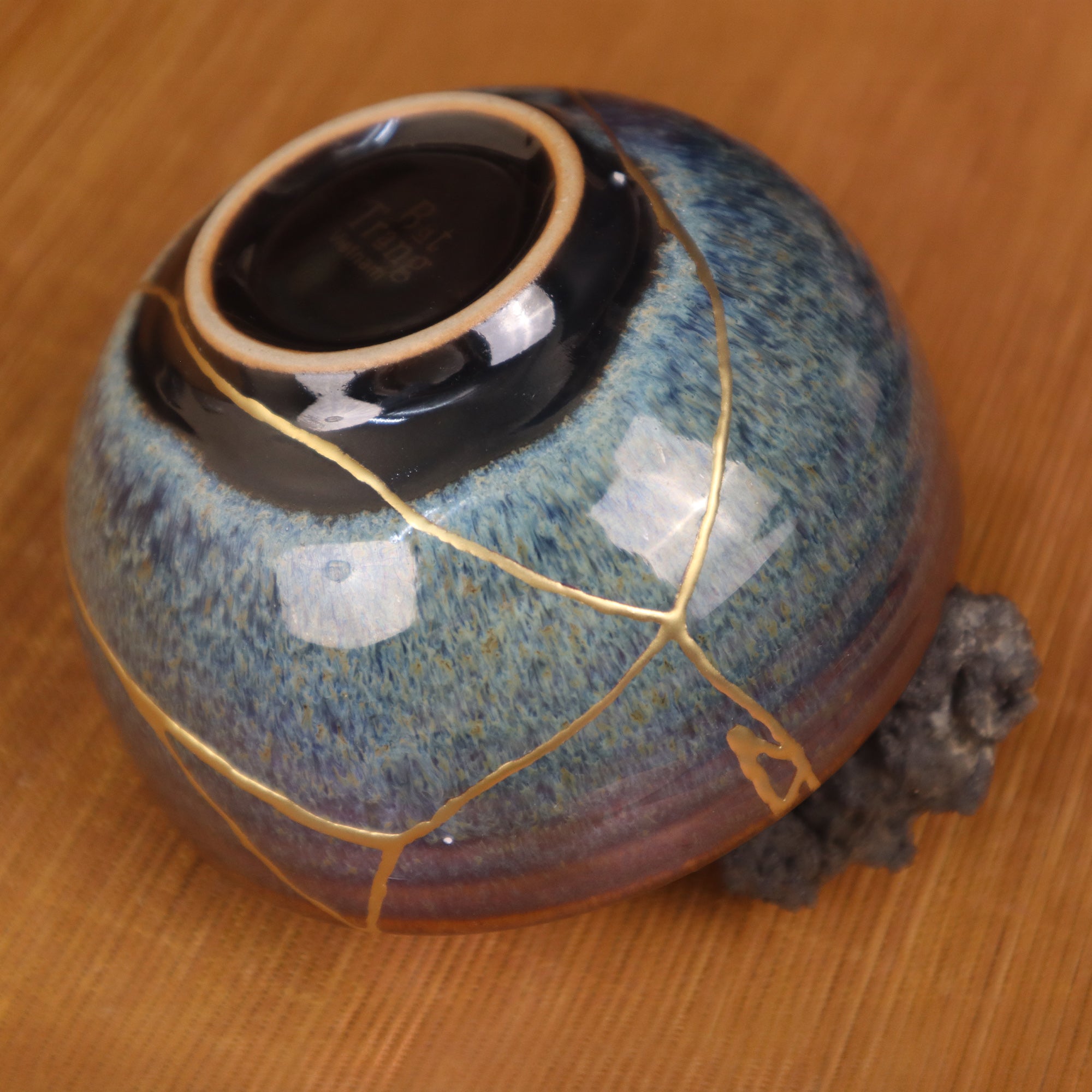 Kintsugi Blossom Bowl | Reactive Kiln-Glazed Bat Trang Ceramic | Wabi-Sabi Gold Repair Art & Zen Tea Bowl (11x6cm)