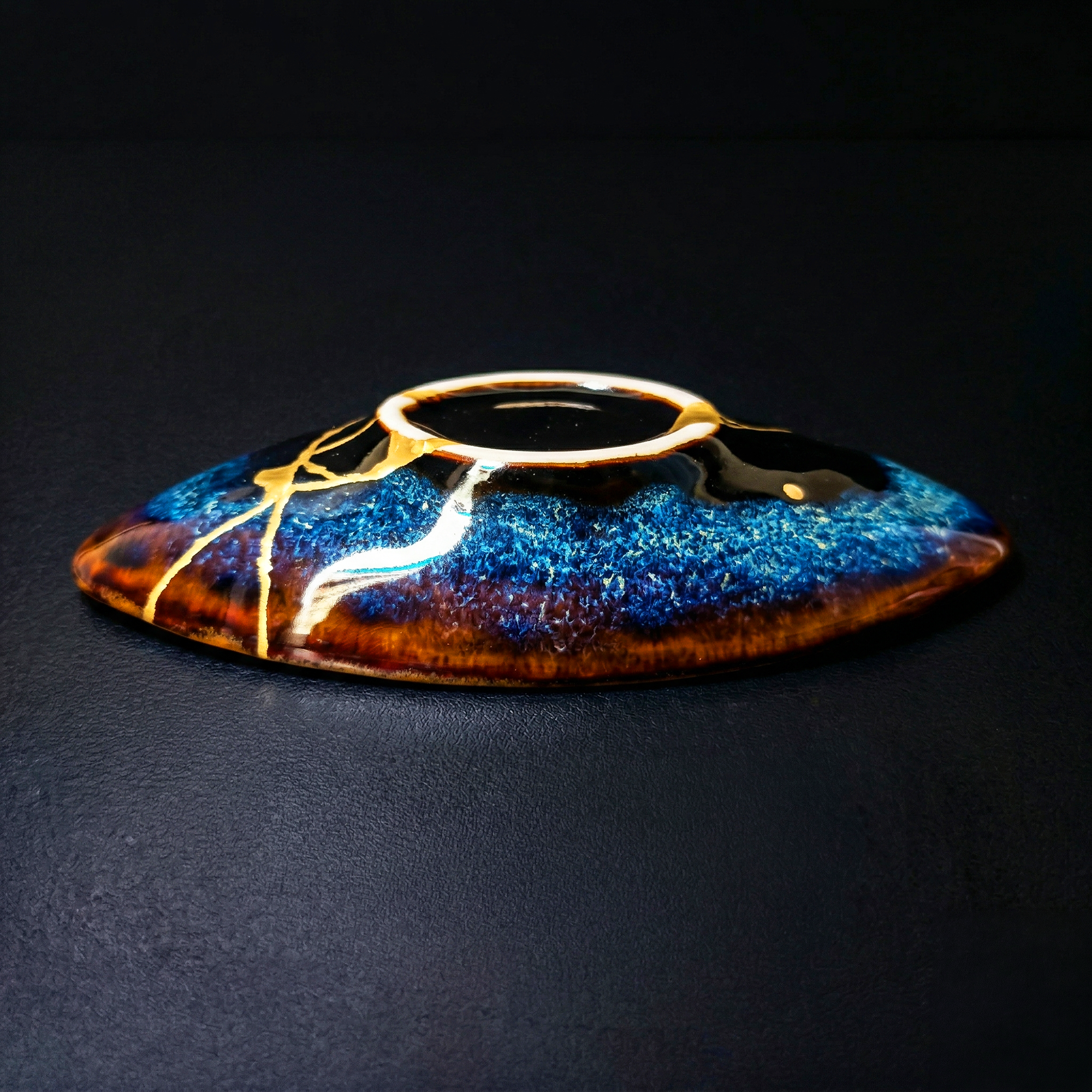 Handcrafted Deep Cosmic Blue Kintsugi Oval Boat Dish