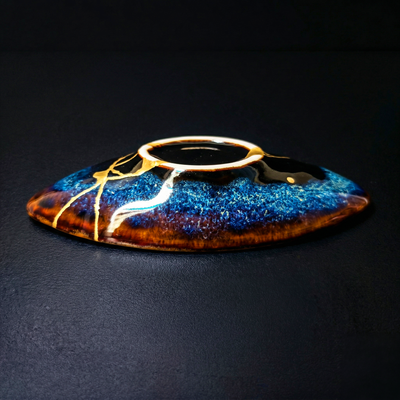 Handcrafted Deep Cosmic Blue Kintsugi Oval Boat Dish