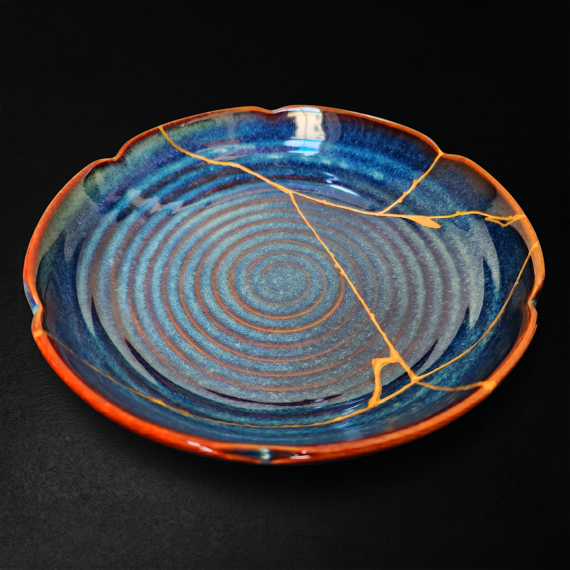 Handcrafted Cosmic Blue Lotus Drop Kintsugi Ceramic Dish