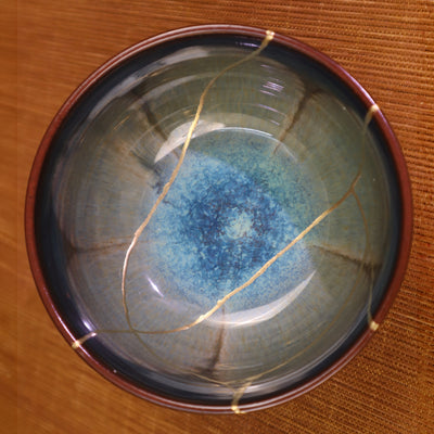 Kintsugi Blossom Bowl | Reactive Kiln-Glazed Bat Trang Ceramic | Wabi-Sabi Gold Repair Art & Zen Tea Bowl (11x6cm)