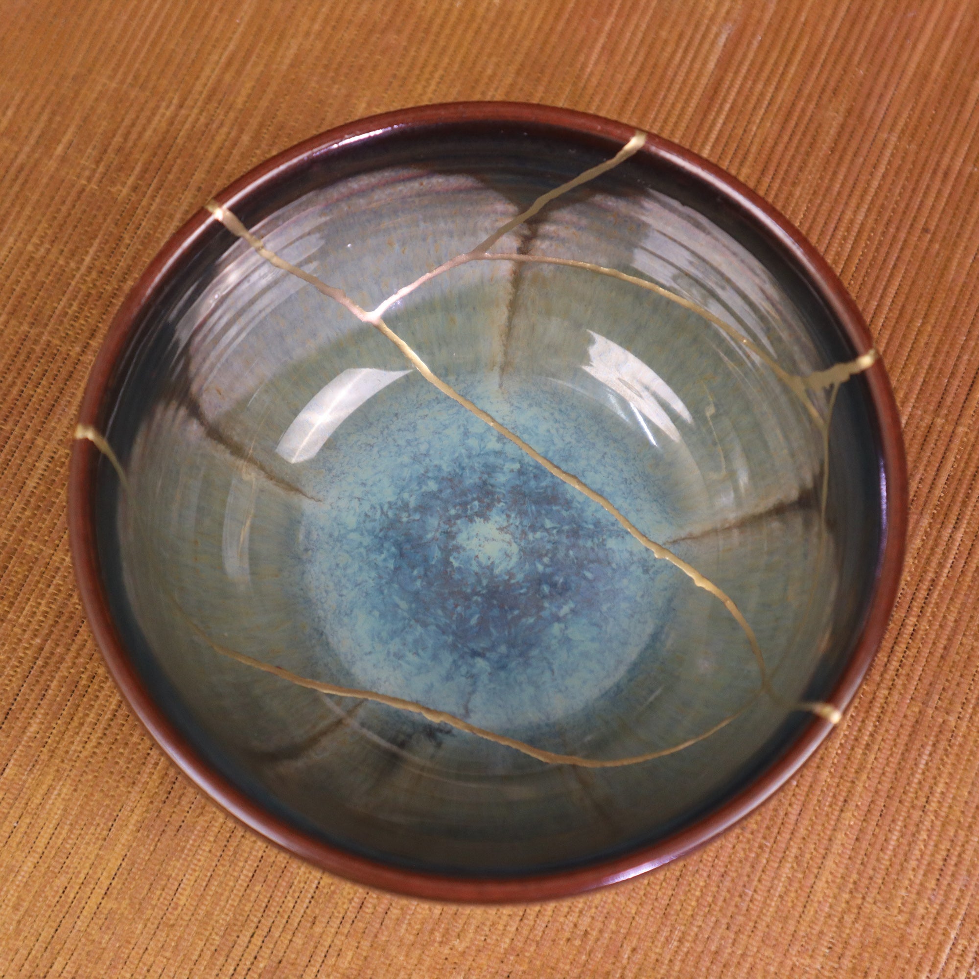 Kintsugi Blossom Bowl | Reactive Kiln-Glazed Bat Trang Ceramic | Wabi-Sabi Gold Repair Art & Zen Tea Bowl (11x6cm)