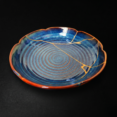 Handcrafted Cosmic Blue Lotus Drop Kintsugi Ceramic Dish