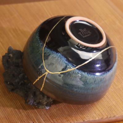 Hikari Harmony Kintsugi Emerald Ceramic Bowl | Wabi-Sabi Artistic Emerald Kintsugi Ceramic Bowl (4.33 x 2.36 inches)