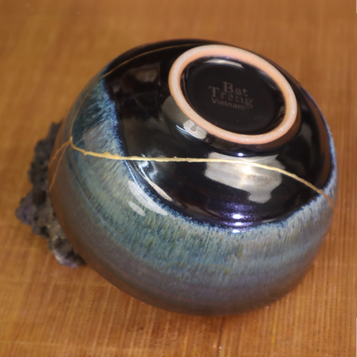 Hikari Harmony Kintsugi Emerald Ceramic Bowl | Wabi-Sabi Artistic Emerald Kintsugi Ceramic Bowl (4.33 x 2.36 inches)