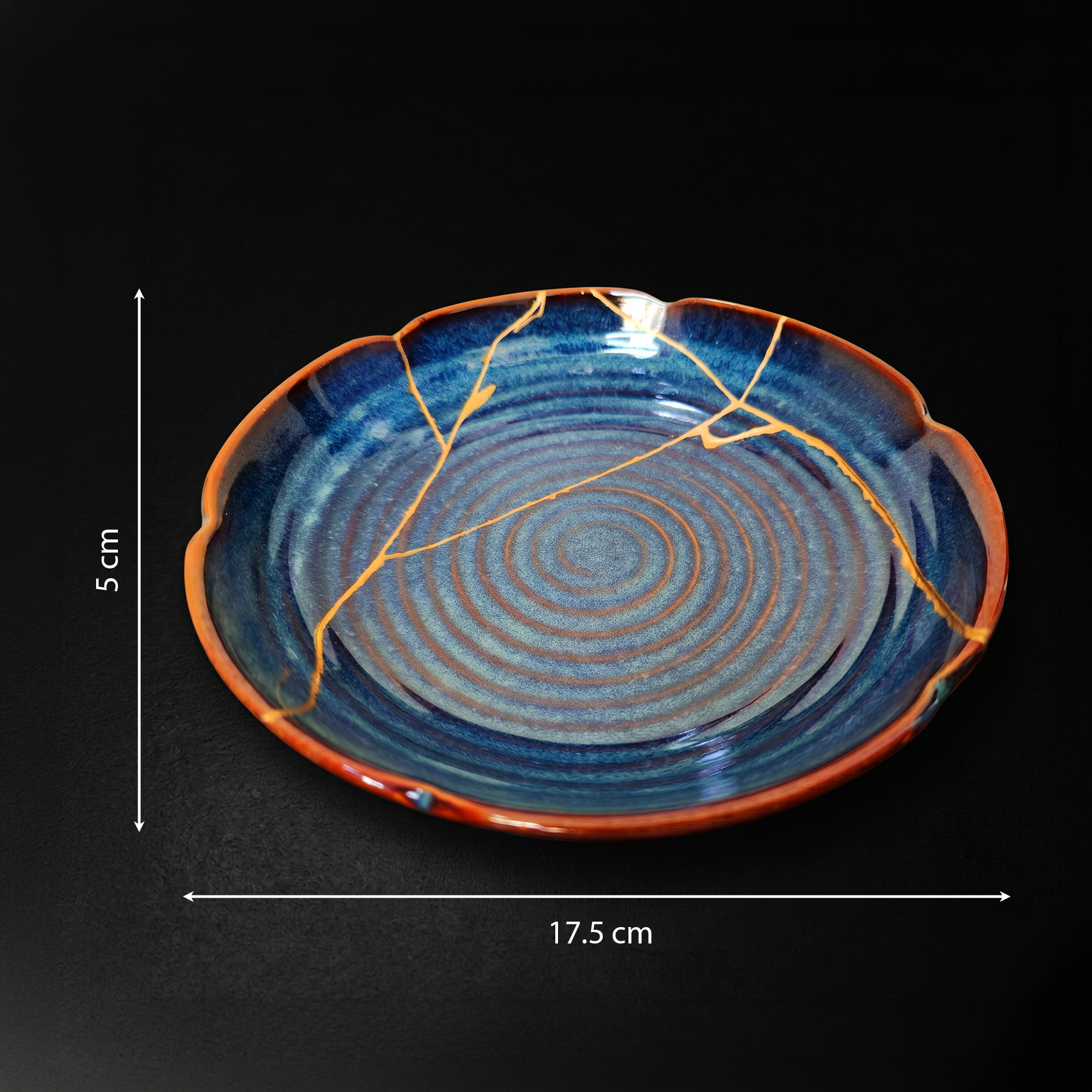 Handcrafted Cosmic Blue Lotus Drop Kintsugi Ceramic Dish