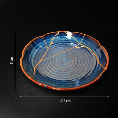 Handcrafted Cosmic Blue Lotus Drop Kintsugi Ceramic Dish