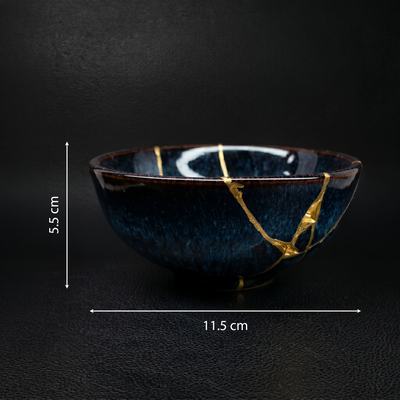 Handcrafted Sapphire Blue Reactive Kintsugi Ceramic Bowl